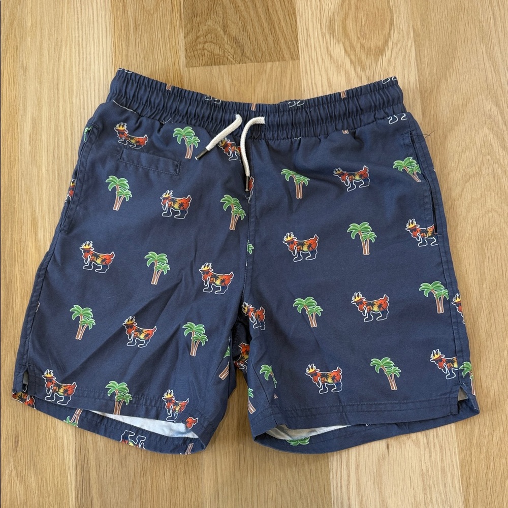 Kids Navy Blue Swim Trunks with Palm Tree and Fox Print